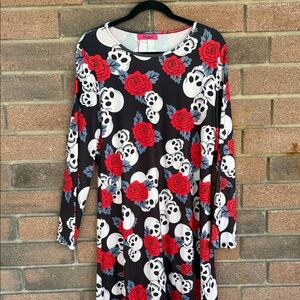 Ruiyige Black Halloween Skull and Roses Print Long Sleeve Dress XL